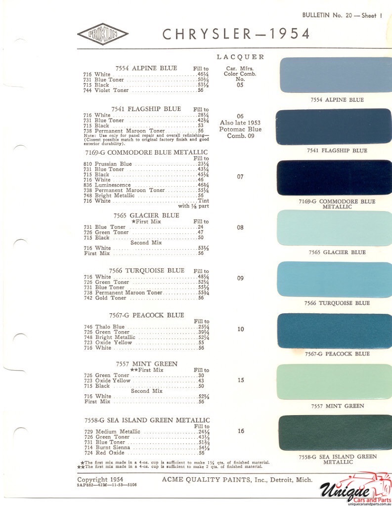 1954 Chrysler Paint Charts Acme 1